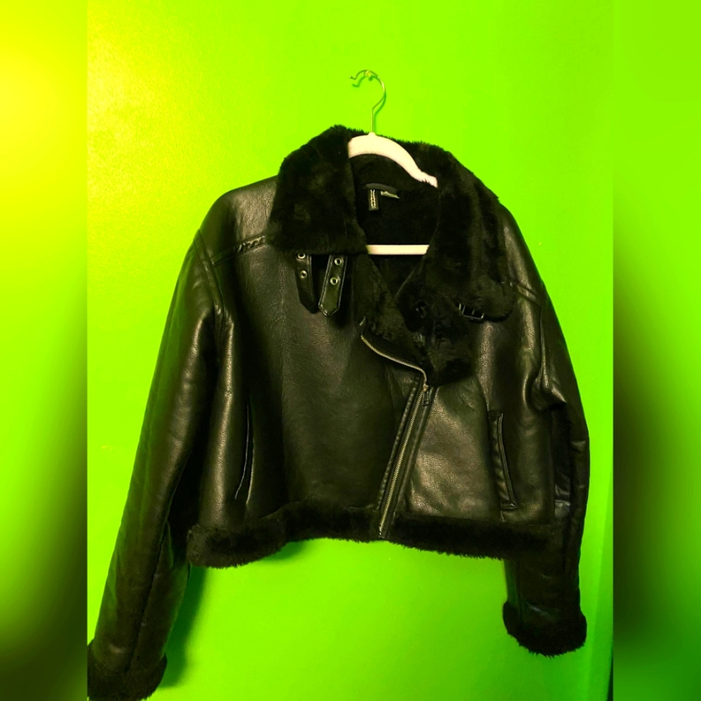 H&M faux fur and faux leather biker jacket